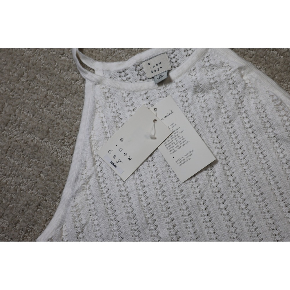 A New Day Cream Pointelle Knit Halter Tank Top Sleeveless Crochet Medium NWT - Picture 2 of 5